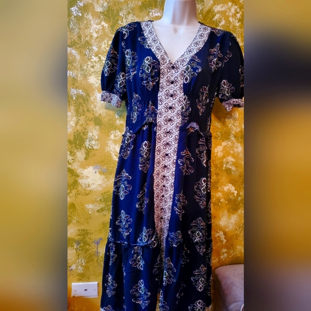 Lapis black prairie dress with green and purple floak design, size M